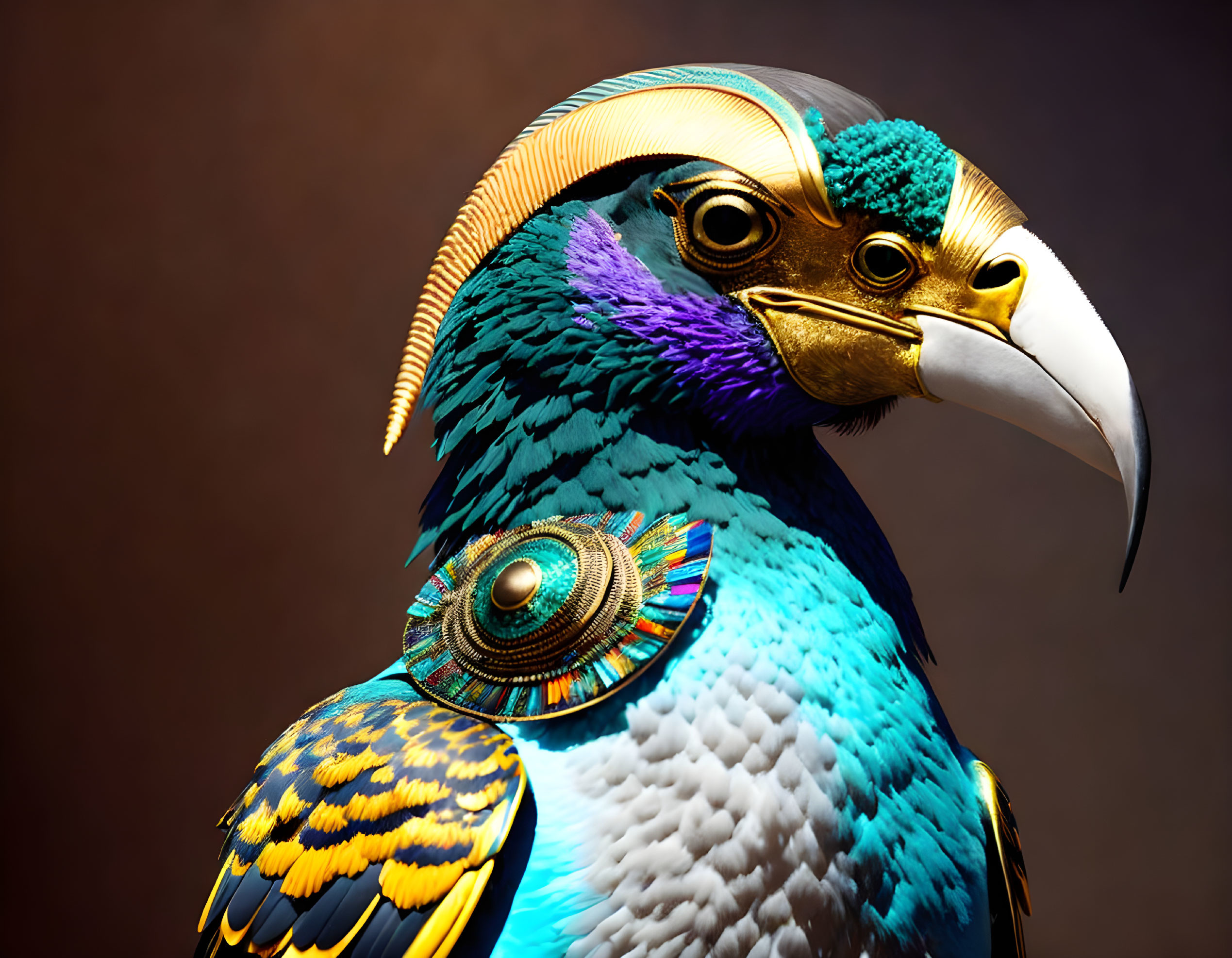 Colorful bird with golden beak and metallic details