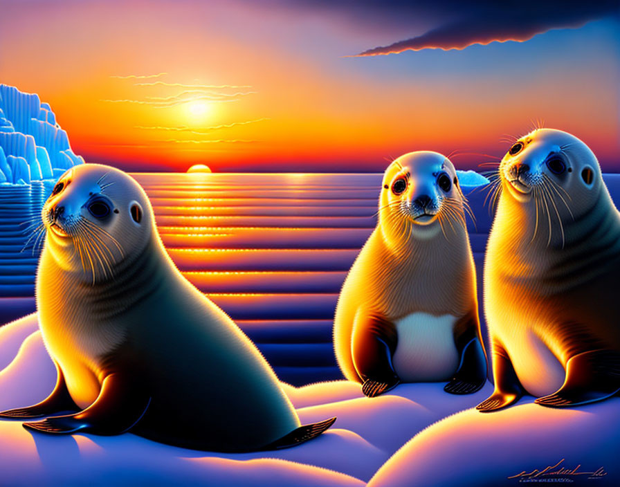 Vibrant sunset beach scene with stylized seals and icebergs