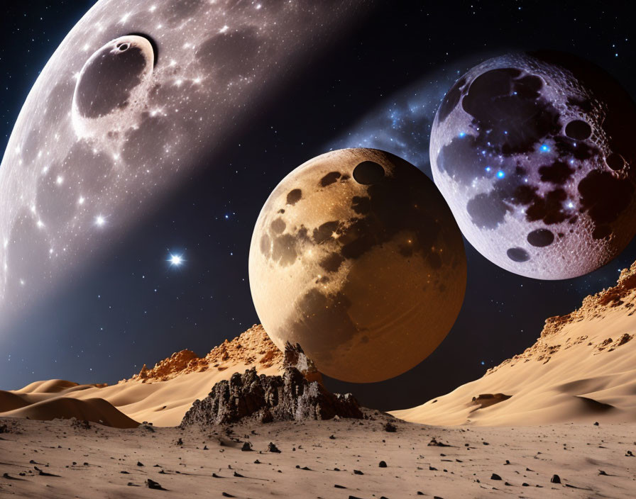 Desert Landscape with Three Celestial Bodies at Night