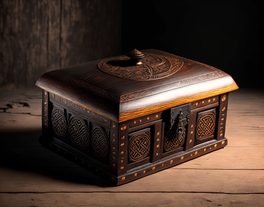 Intricate Metal and Carving Details on Ornate Wooden Box