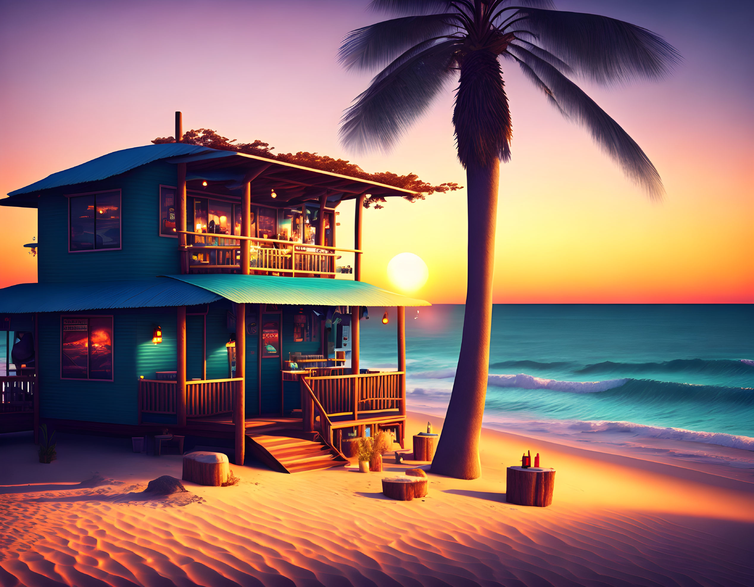 Tranquil sunset beach scene with blue beach house, palm tree, and setting sun.