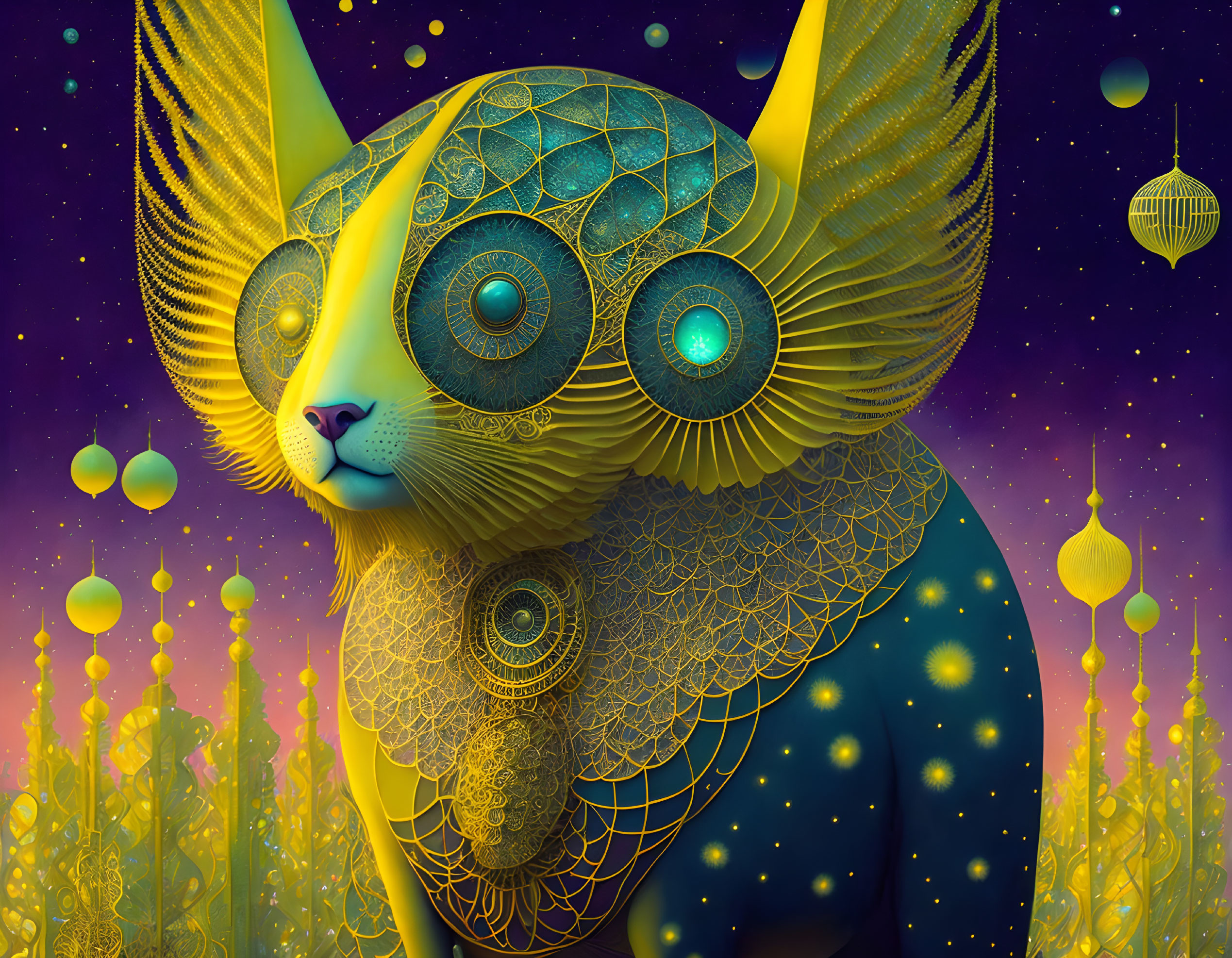 Cosmic cat with golden patterns on starry night sky