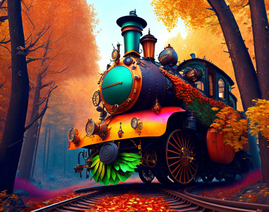 Colorful Whimsical Train Amid Vibrant Autumn Foliage