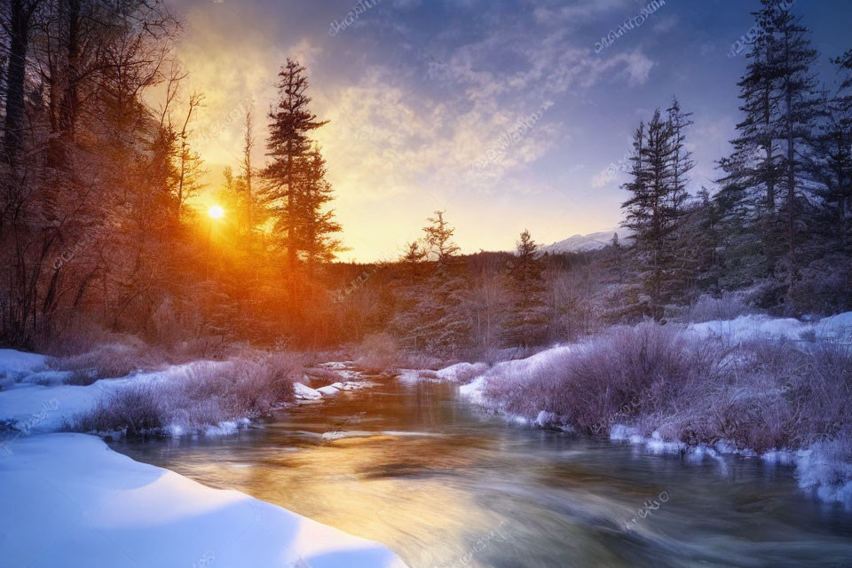 Snowy landscape with sunset over flowing river and frosted trees.