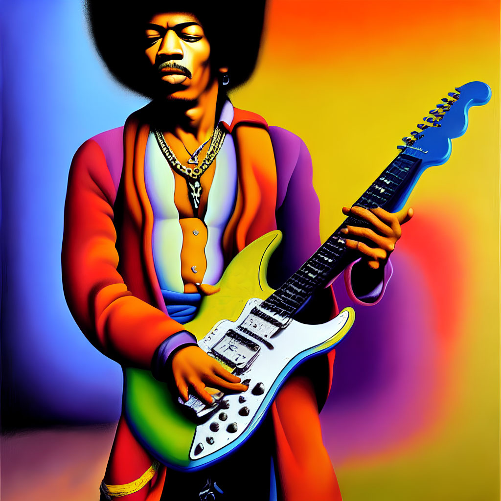 Colorful musician with afro playing electric guitar on psychedelic background
