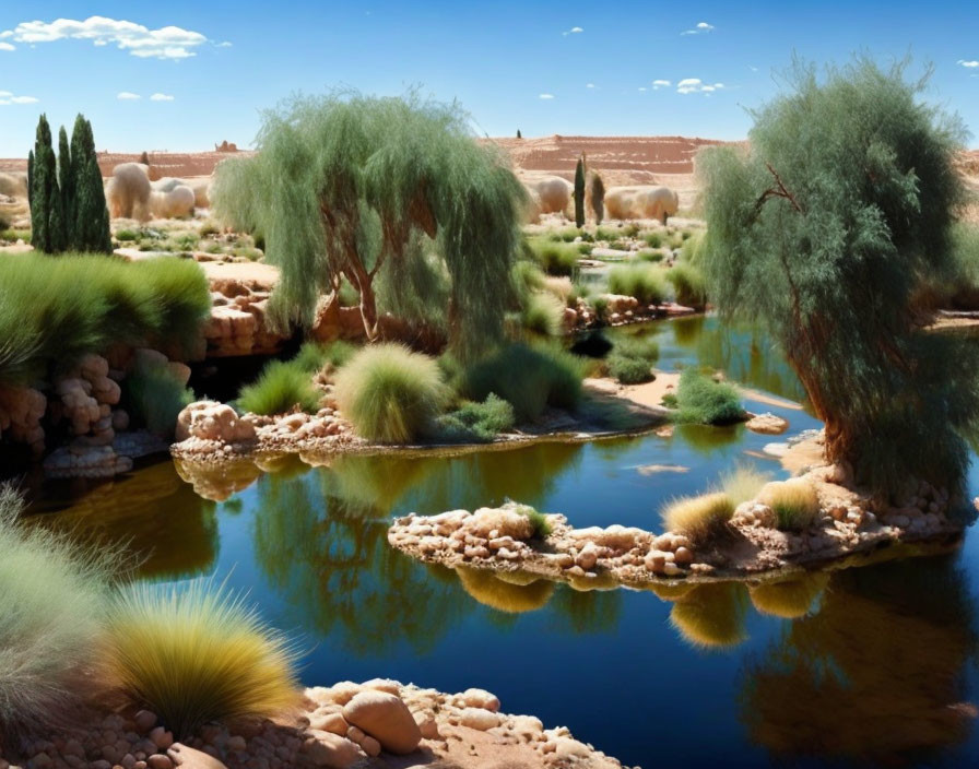 Tranquil Oasis: Lush Willows, Placid Waters, Green Shrubs, Rocks,