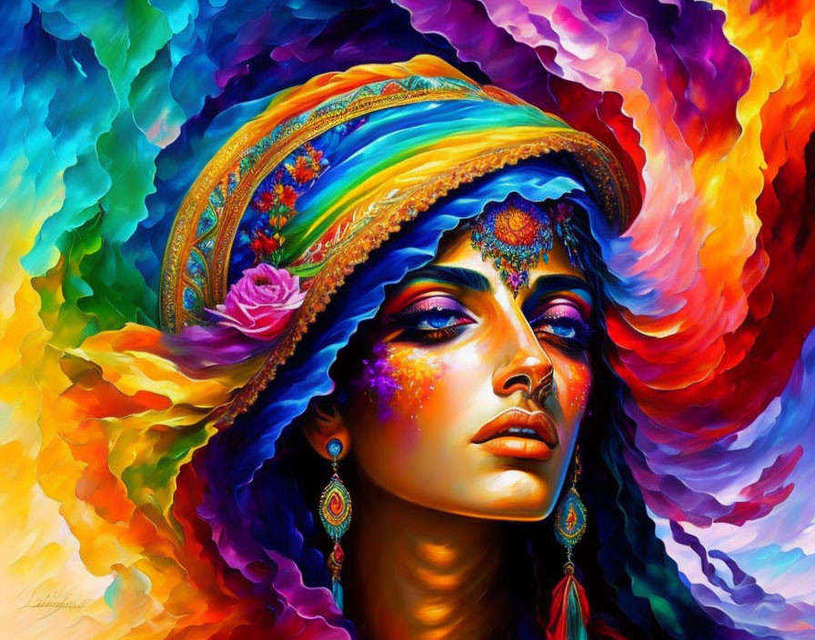 Colorful painting of a woman with headscarf and jewelry against vibrant backdrop