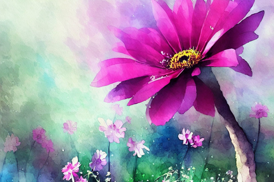 Colorful watercolor painting of magenta flower and delicate petals on pastel background