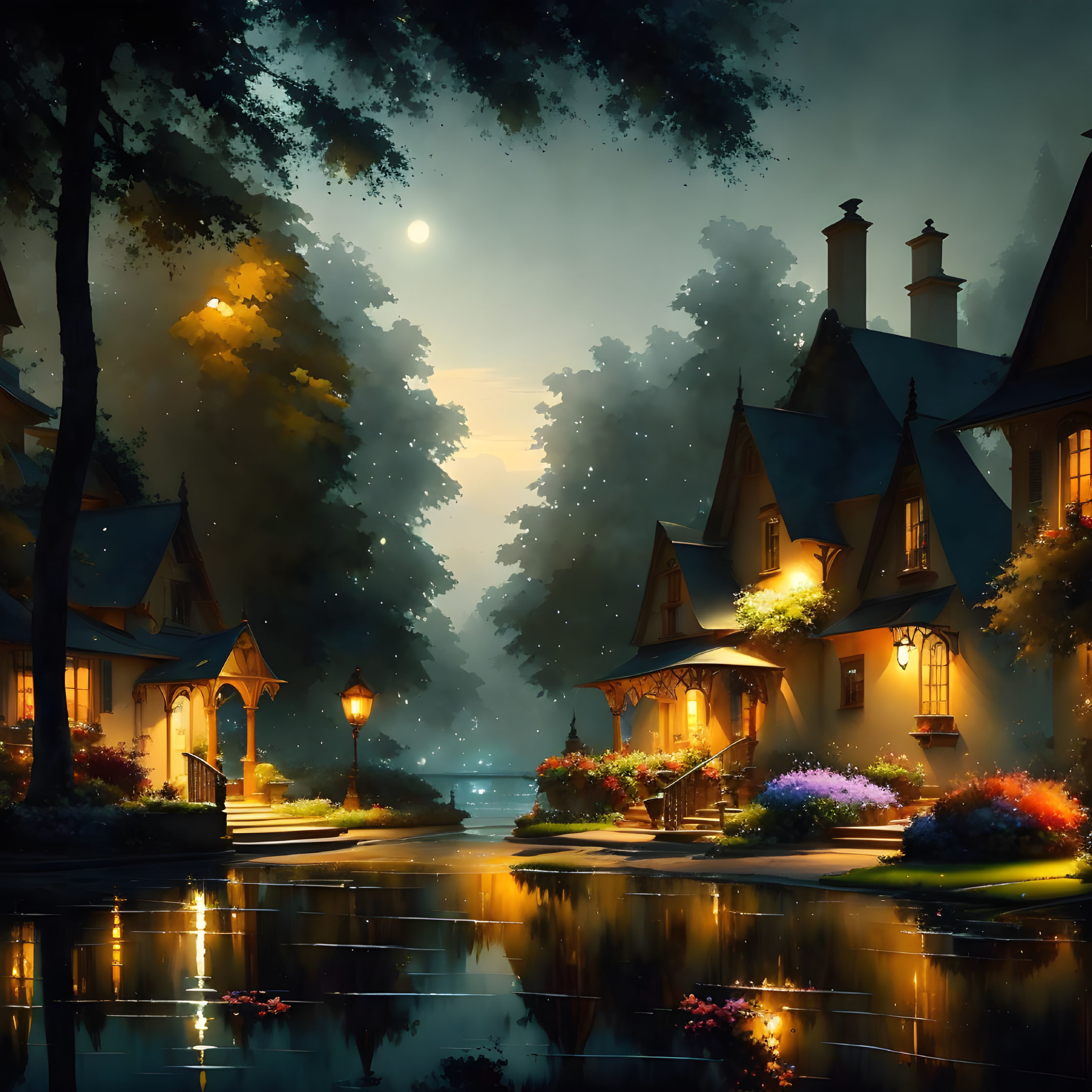 Tranquil Moonlit Night Scene with Waterway and Quaint Houses