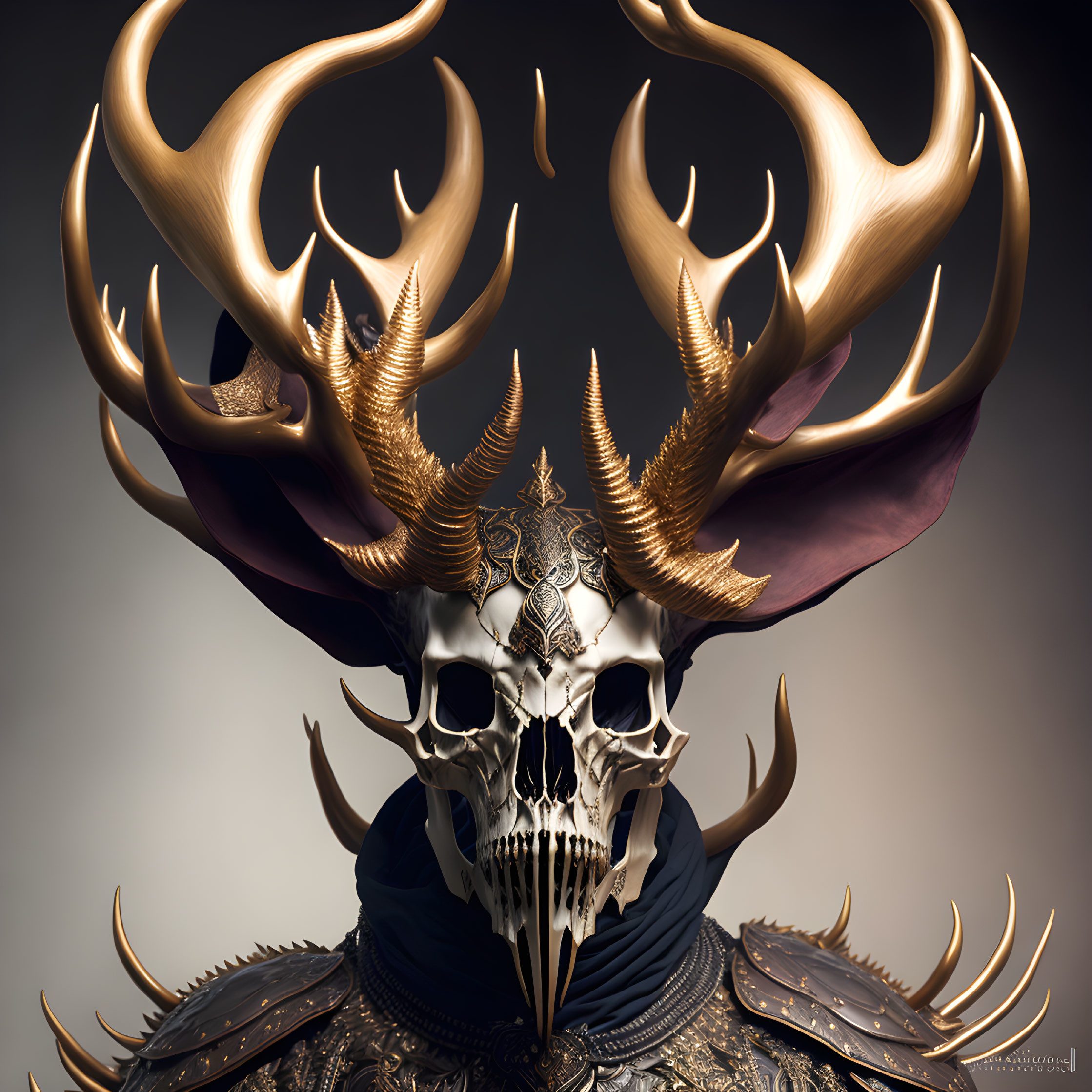 Detailed fantasy illustration of figure with skull-like face and golden antlers in dark armor.