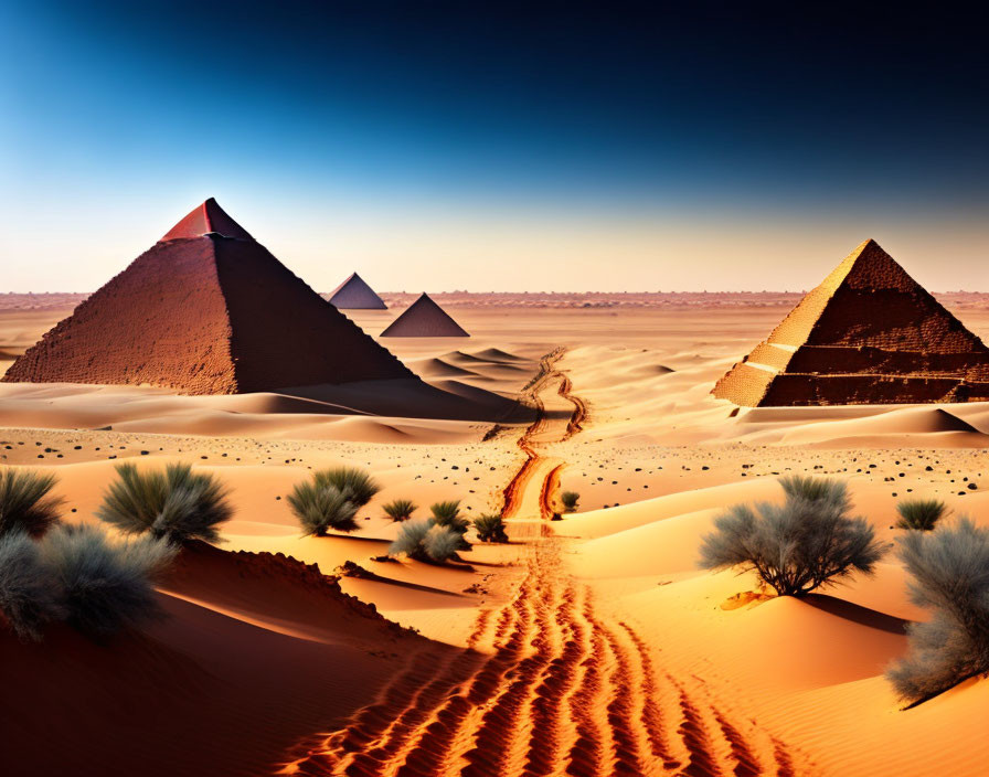 Ancient Great Pyramids of Giza in Desert Landscape