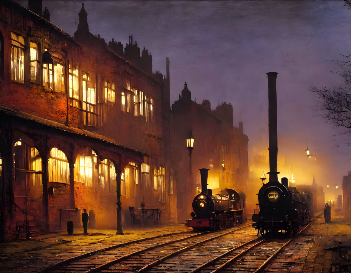 Vintage steam train on foggy illuminated tracks next to glowing industrial building