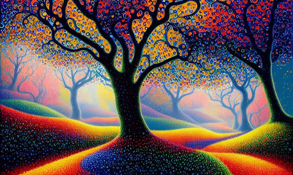 Vibrant painting of swirling tree branches in colorful landscape