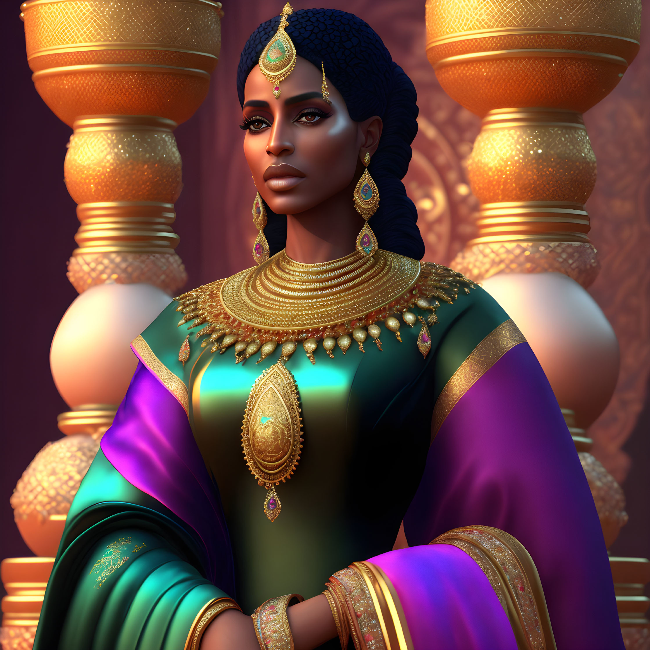 Regal woman in traditional attire with gold jewelry against golden pillars