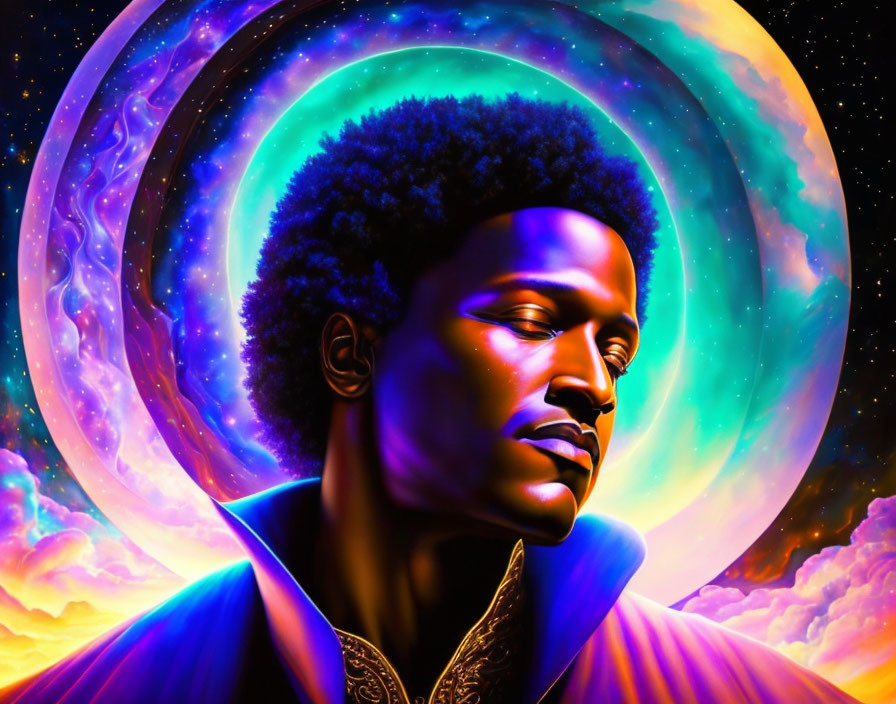 Colorful portrait of a man with an afro in cosmic setting