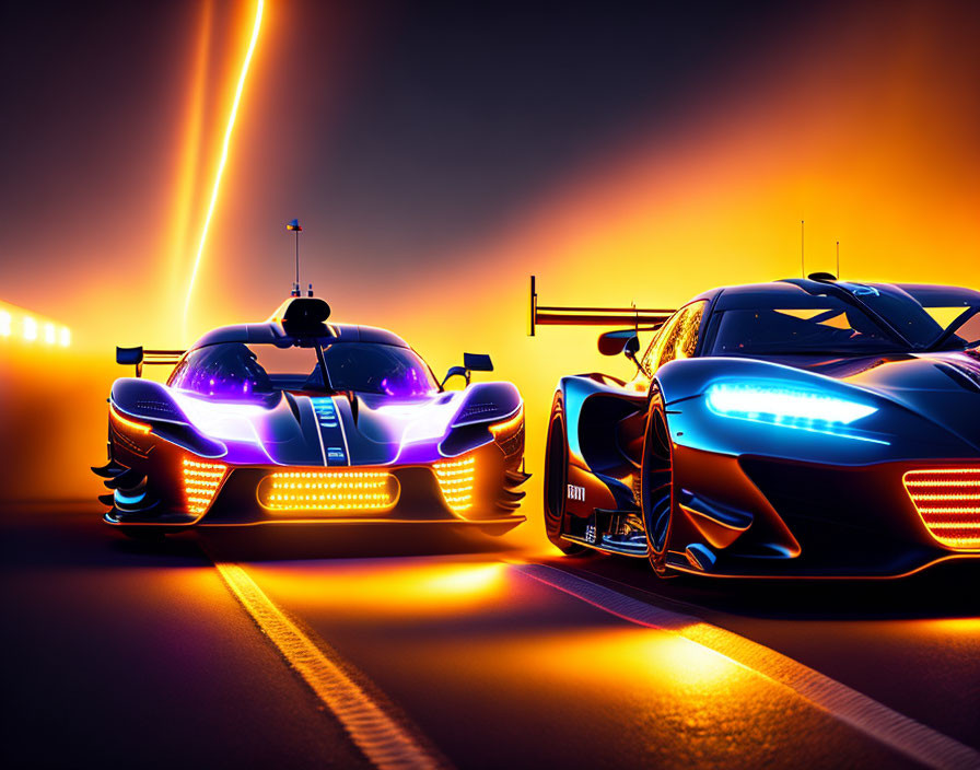 Futuristic racing cars speed on neon-lit dusk track