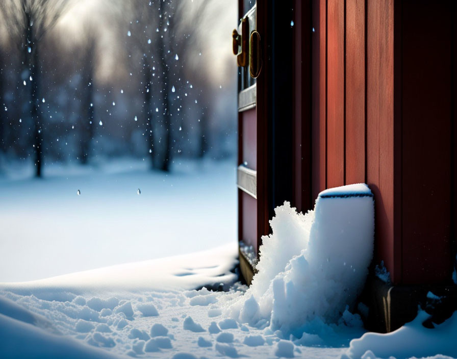 Serene snow-covered landscape with red door ajar