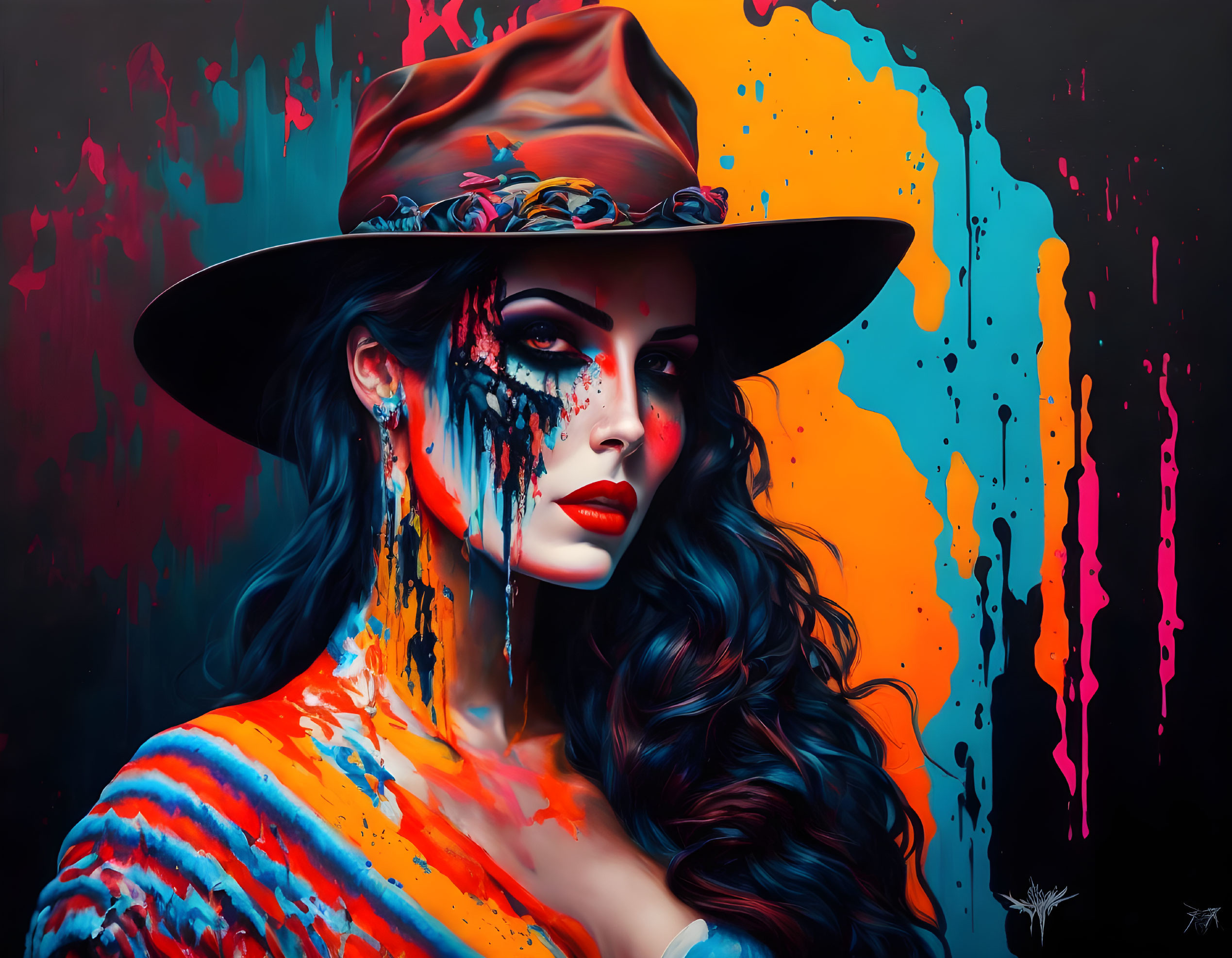 Colorful digital artwork of woman with paint dripping effects, hat, makeup, haunting gaze