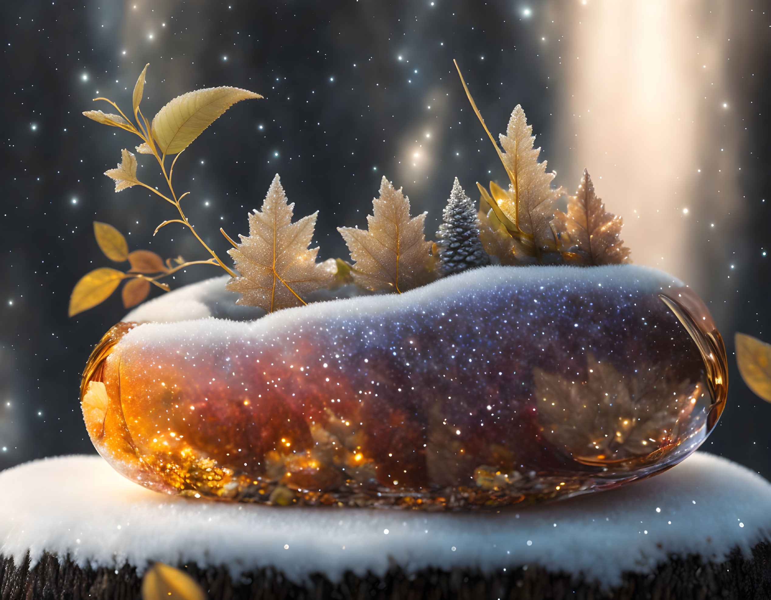 Miniature Autumnal Forest and Galaxy in Capsule on Snowy Stump