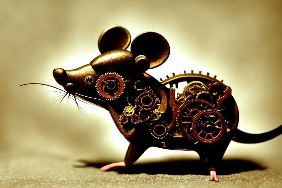 Intricate steampunk-style mechanical mouse with visible gears and cogs.