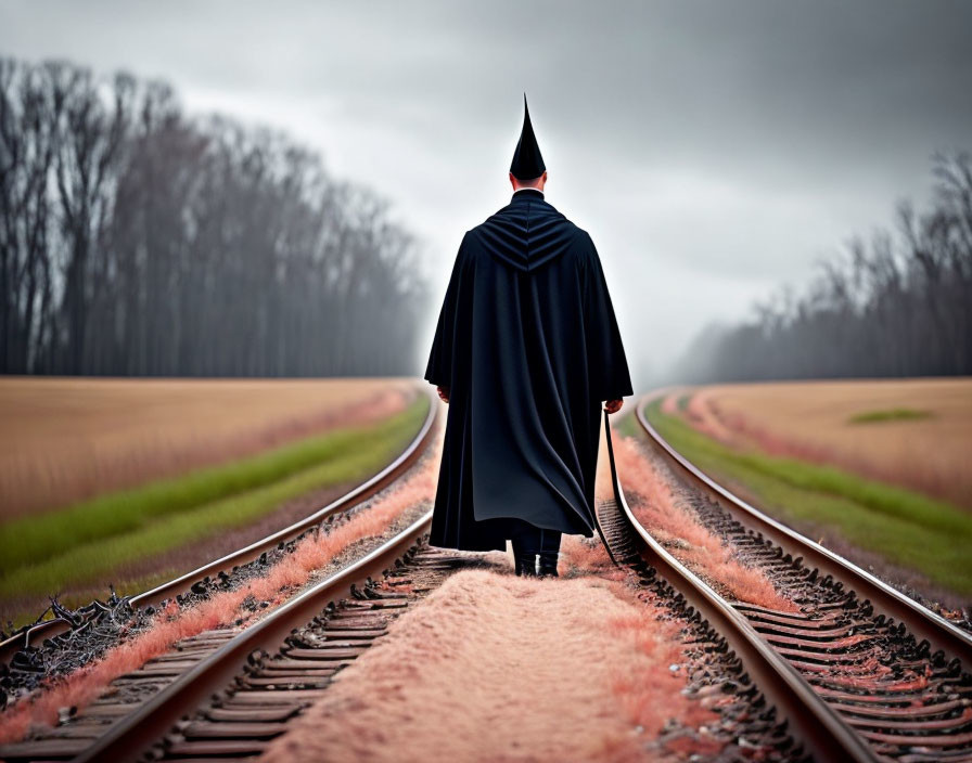 Mysterious figure in black cloak on railway tracks in misty landscape