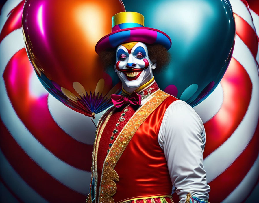 Colorful clown with purple hat and balloons