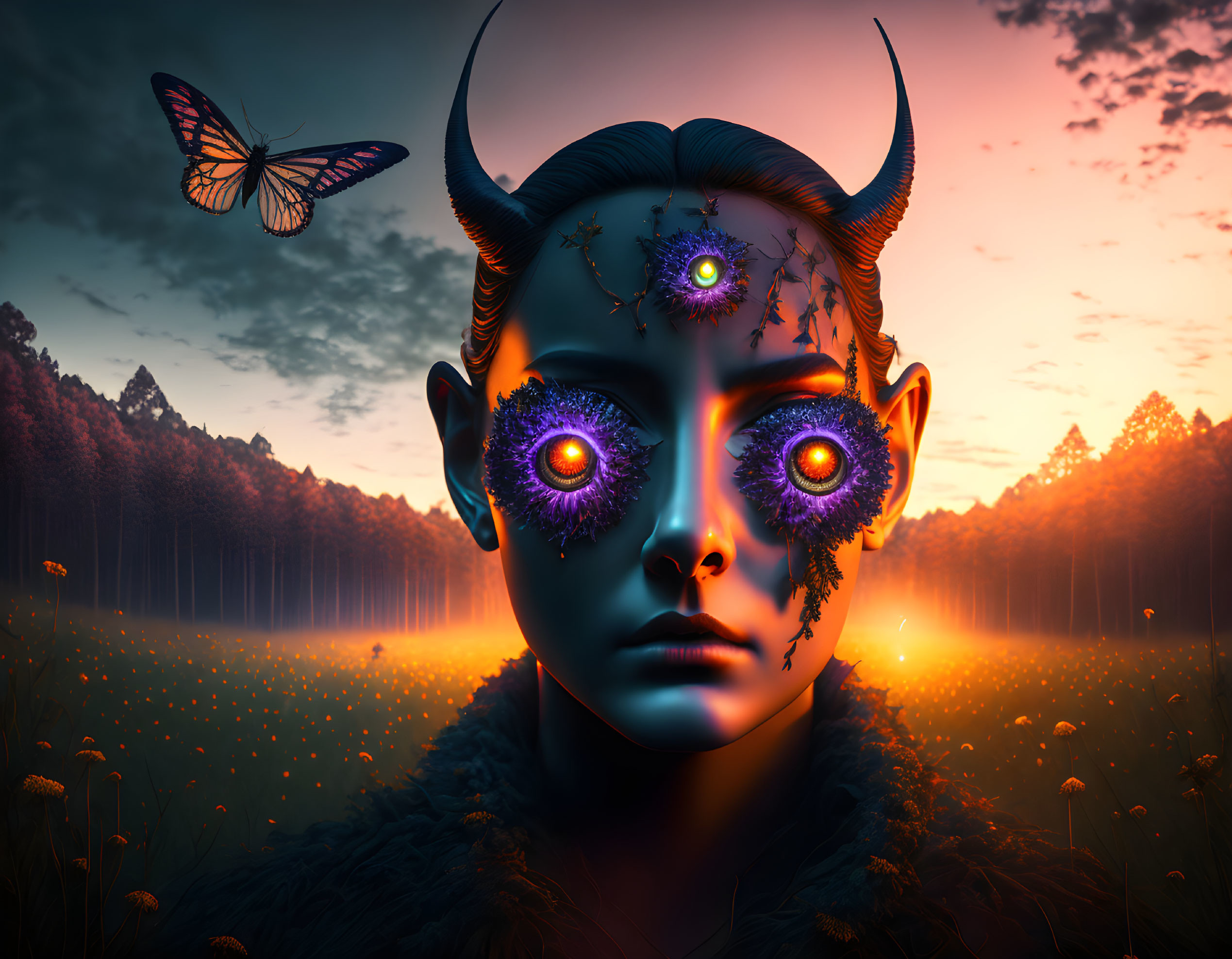 Surreal portrait of horned creature in orange-lit forest clearing