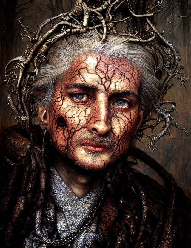 Portrait of person with pale, cracked skin and crown of twisted branches and snakes