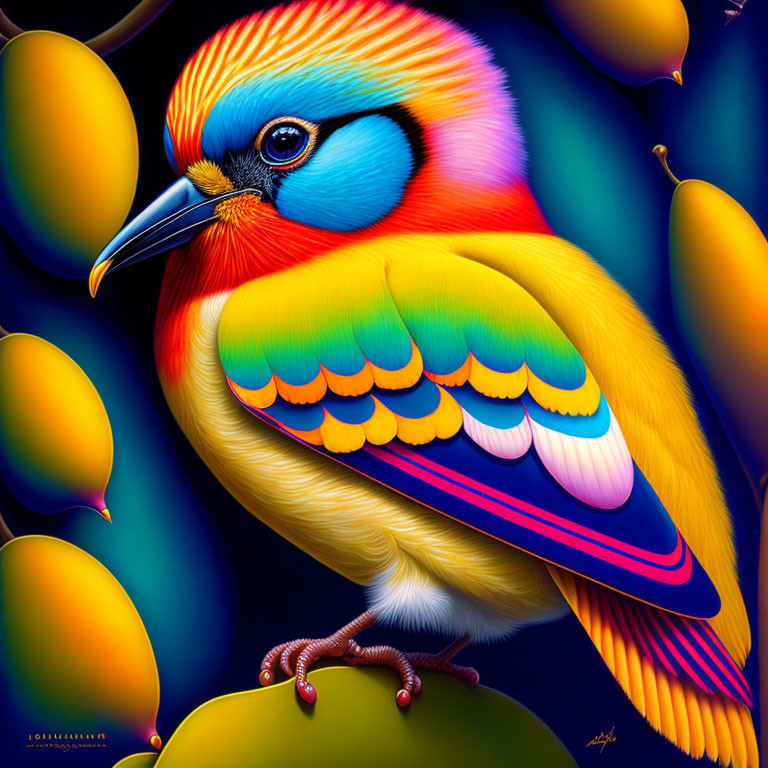 Colorful Stylized Bird Artwork Perched on Branch