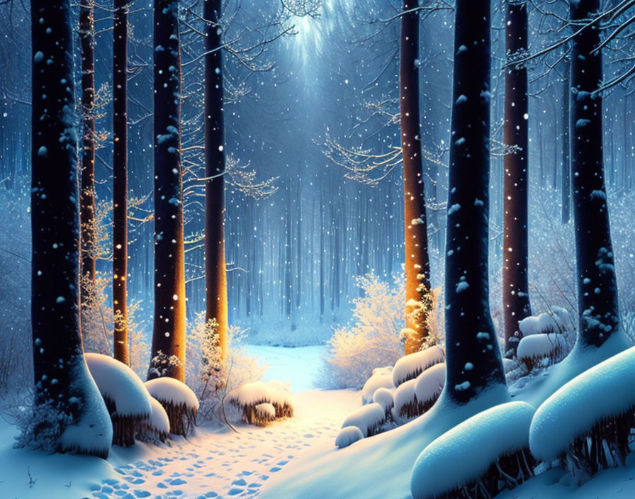 Snowy forest with tall trees, path, footprints, and soft blue glow