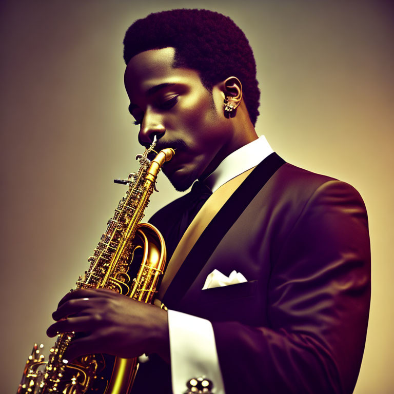 Professional saxophonist in suit performing against warm backdrop