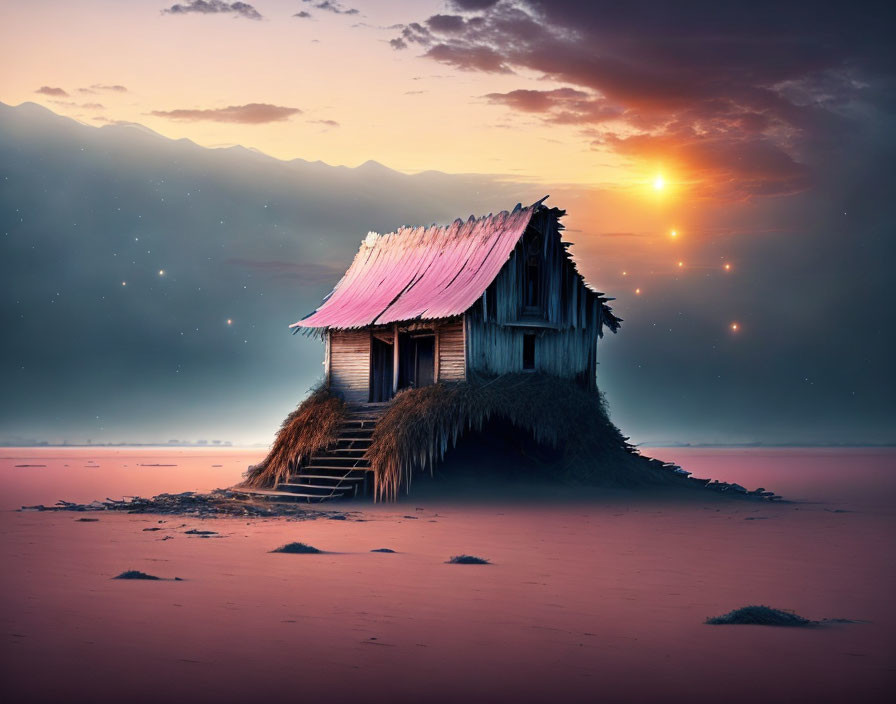 Solitary house with pink roof on small hill in misty twilight landscape