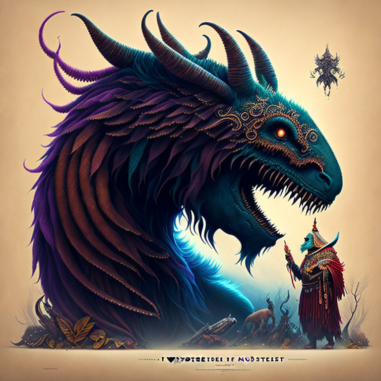 Mythical dragon creature and robed figure in vibrant illustration