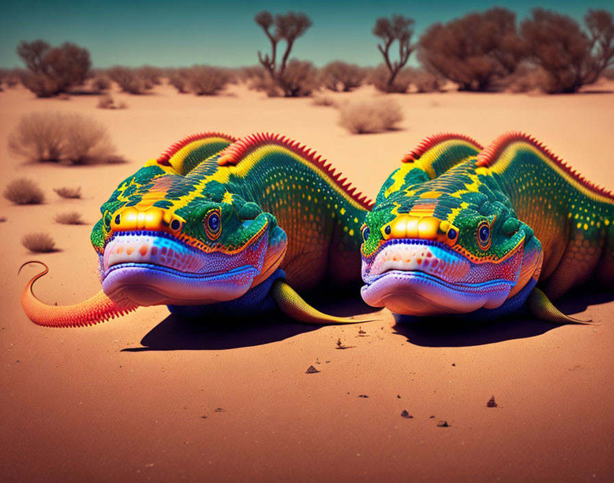 Vividly patterned fantastical lizards on desert sand under blue sky