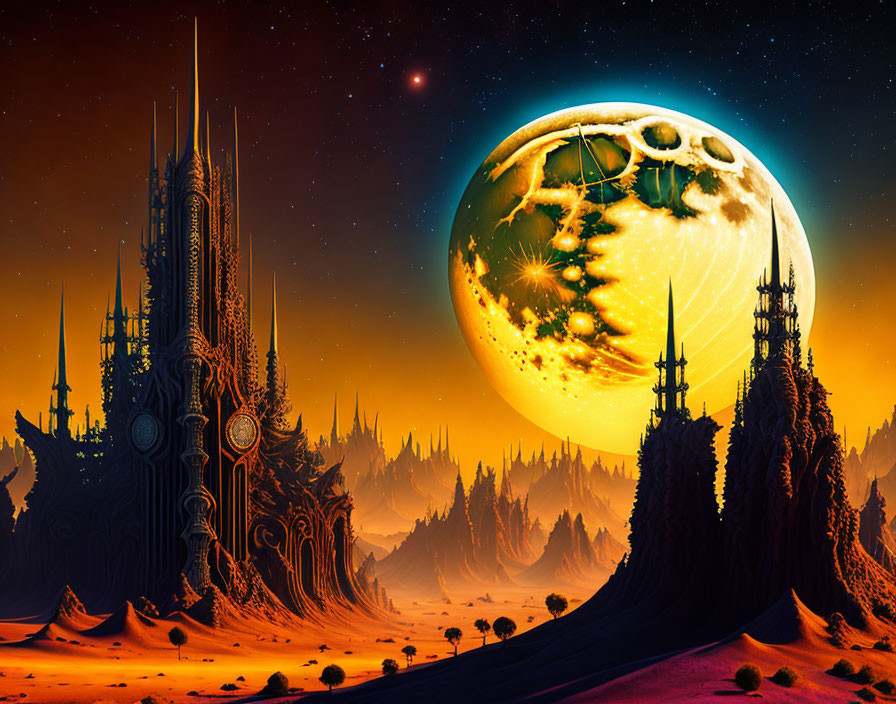 Fantastical landscape with towering spires and alien trees