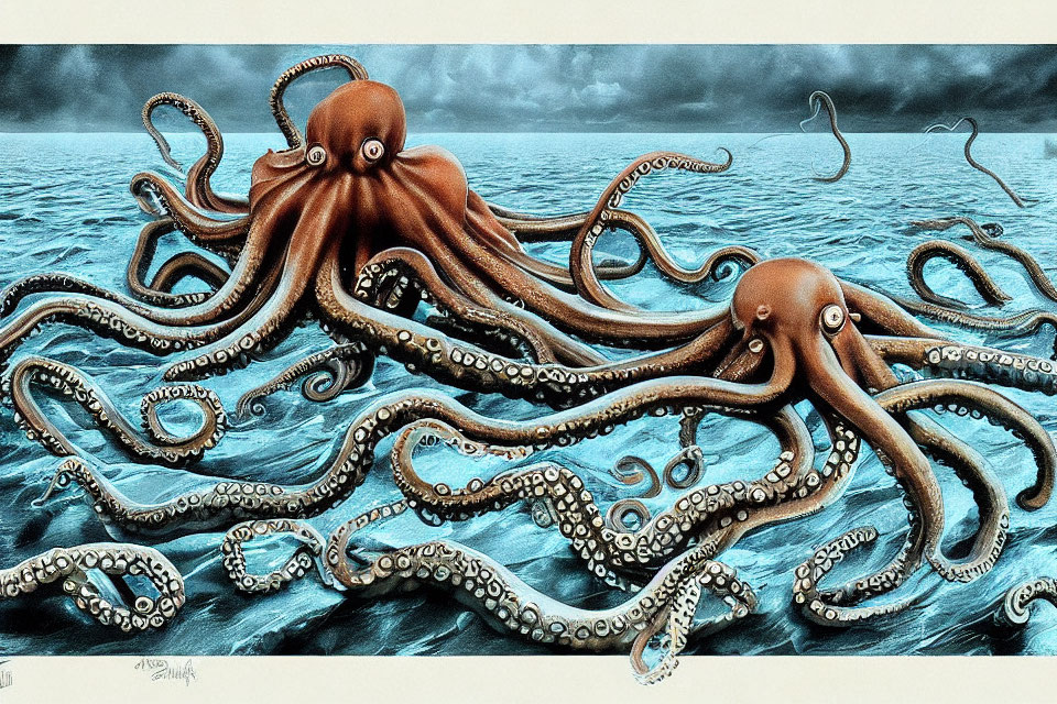 Two large octopuses with extended tentacles in stormy sea scene