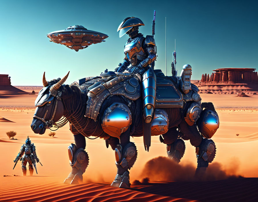 Futuristic knight in armor on mechanical bull with robotic pet and flying saucer