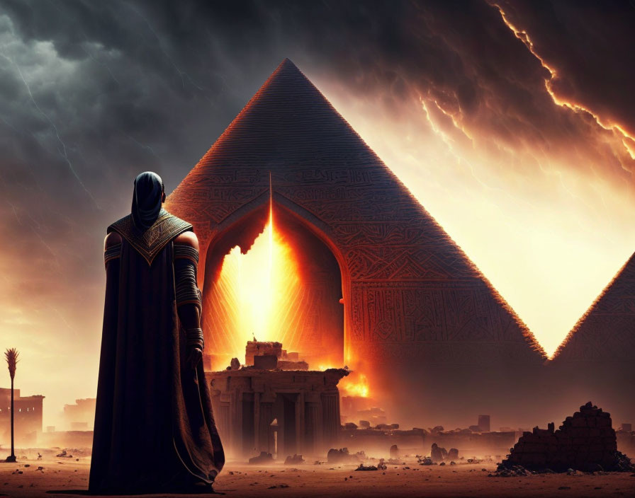 Cloaked figure at glowing pyramid portal in Egyptian ruins