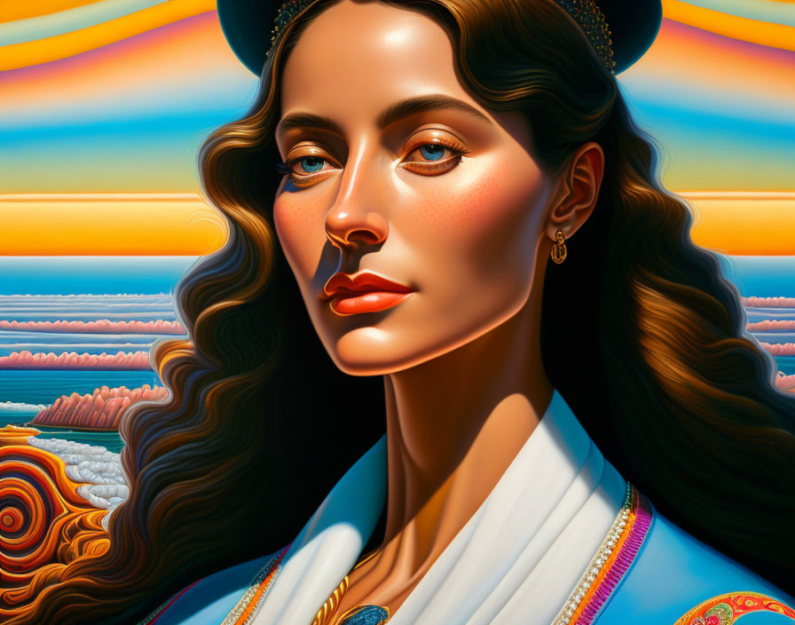 Digital portrait of a woman with wavy hair against vibrant, multicolored sunset background