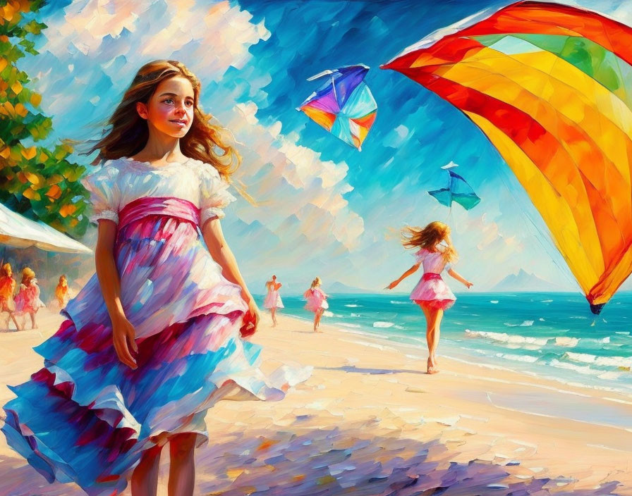 Colorful Beach Scene: Girls in Summer Dresses, Flying Kites, Sunny Day by the Sea