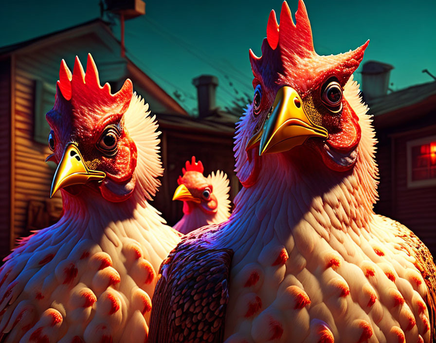 Realistic animated chickens with human-like expressions at sunset