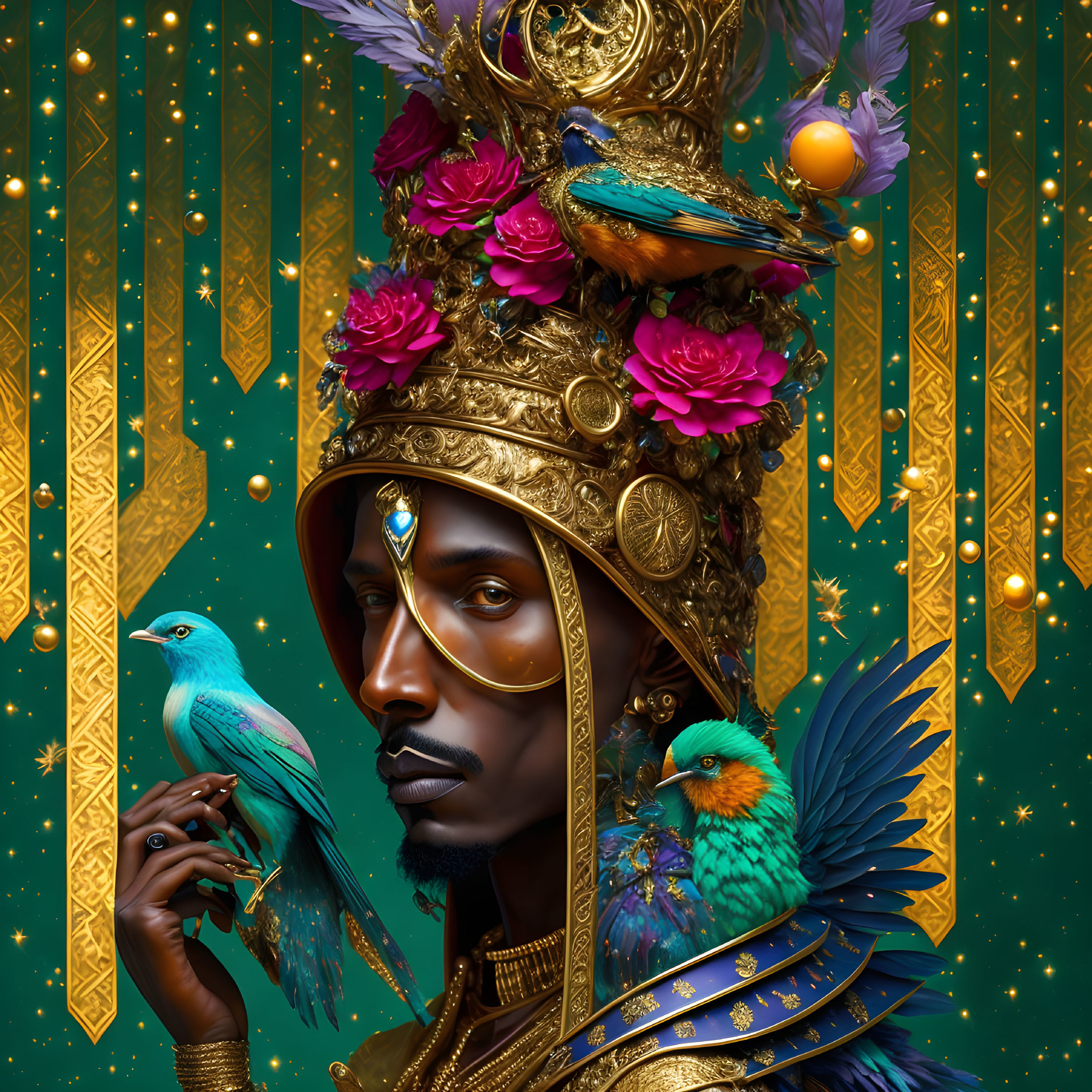 Regal person with golden headdress and birds against starry backdrop