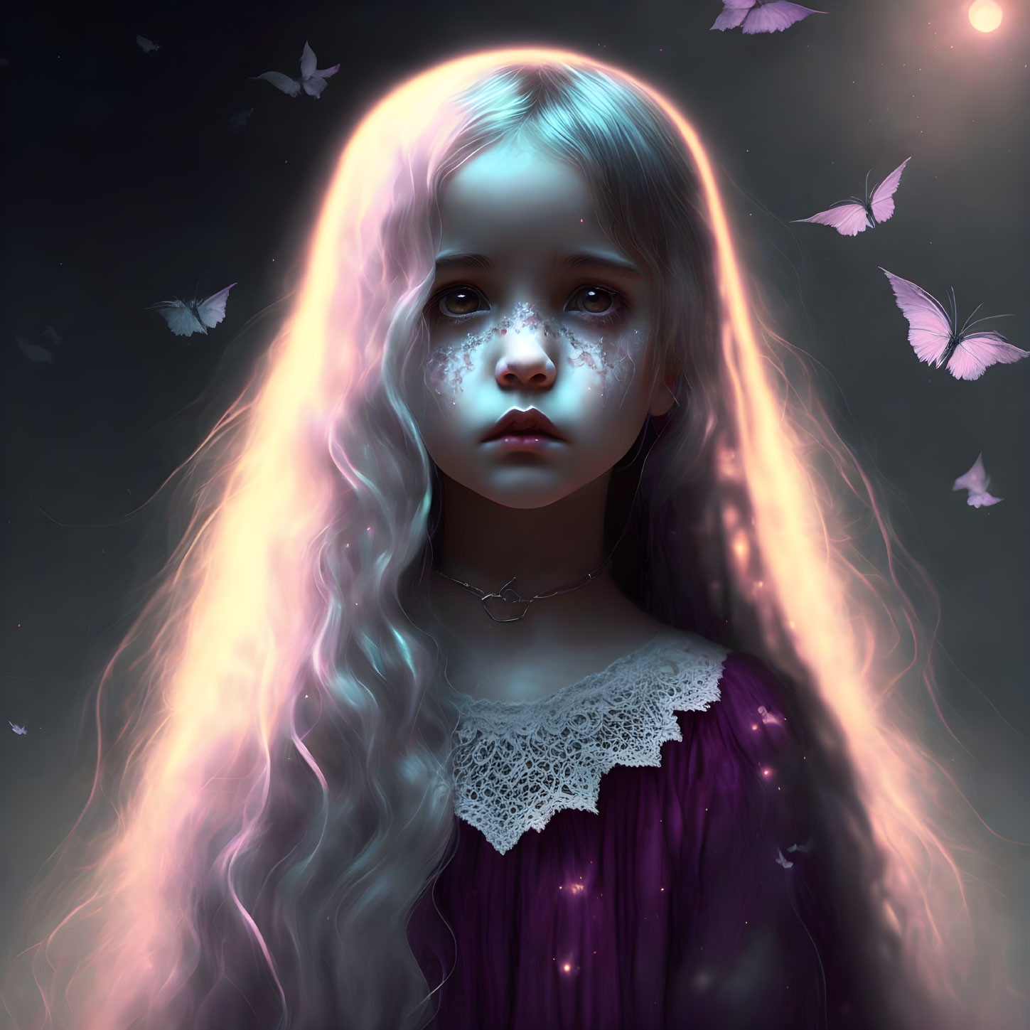 Young girl with wavy hair, halo, and butterflies in dark mystical setting