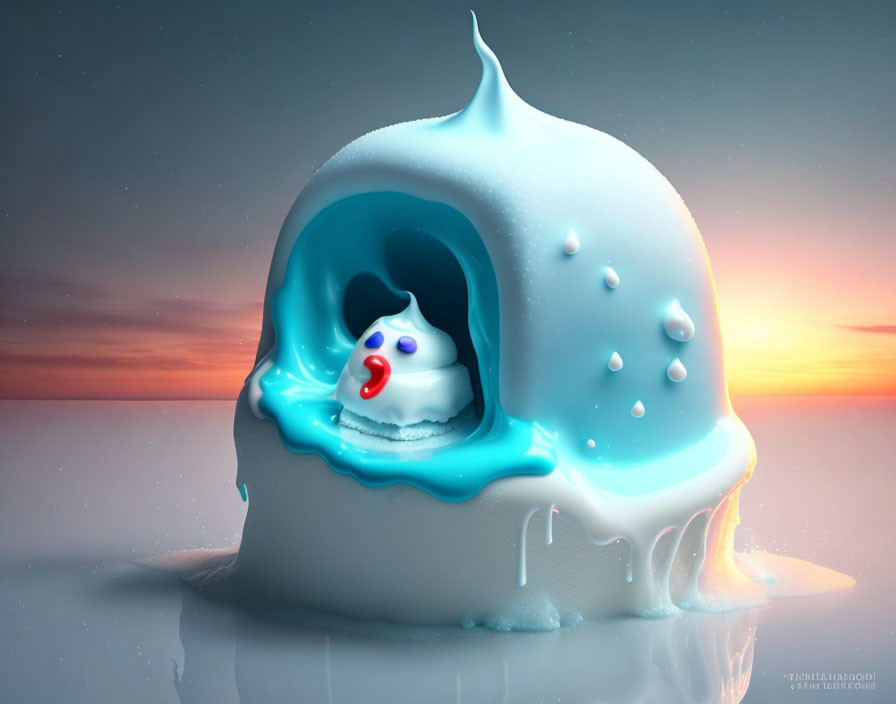 Melting snow-igloo with sad clown face at sunset