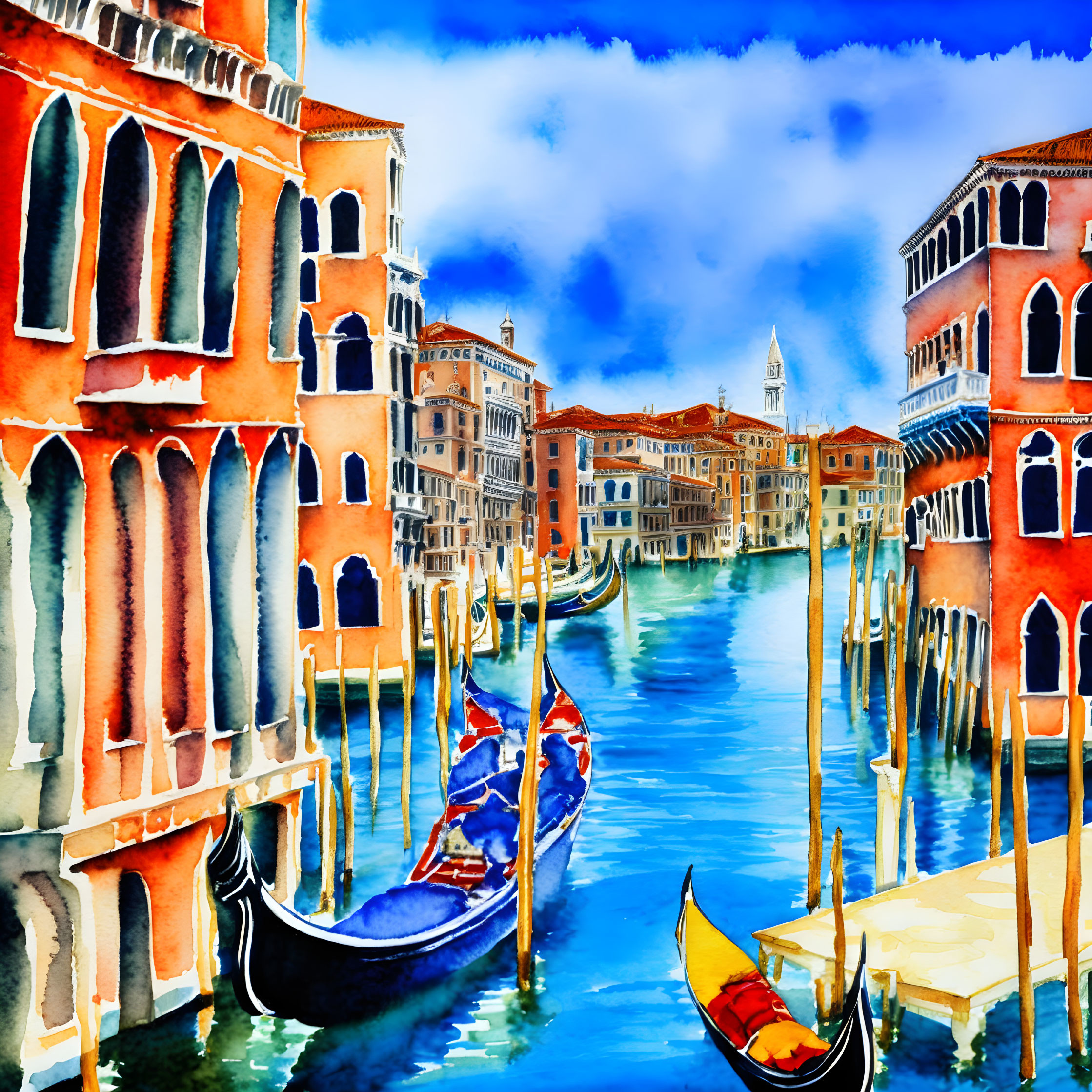 Colorful watercolor painting of Venetian canal with gondolas and buildings