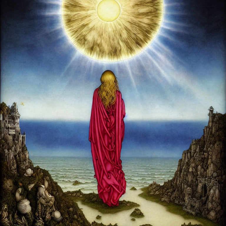 Person in Red Cloak Facing Sun Over Calm Sea and Rocky Cliffs