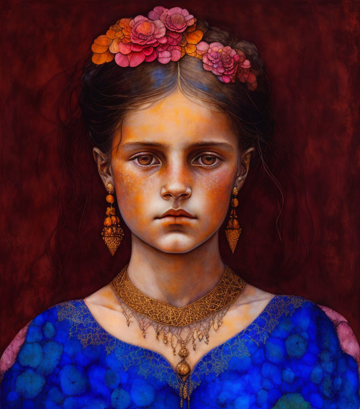 Solemn girl portrait with flower crown and blue dress