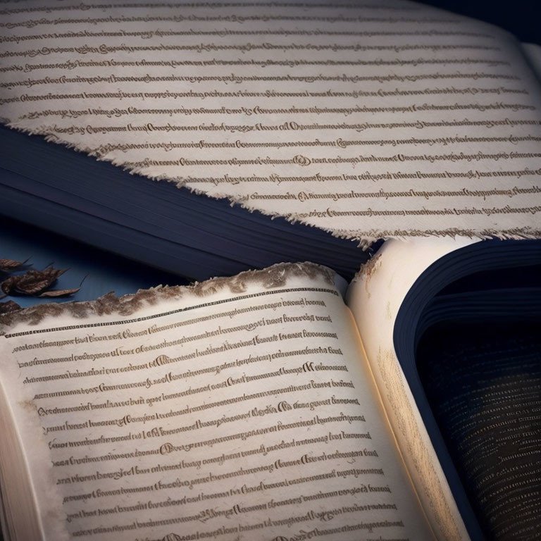 Worn open book with feathered bookmark on dark background