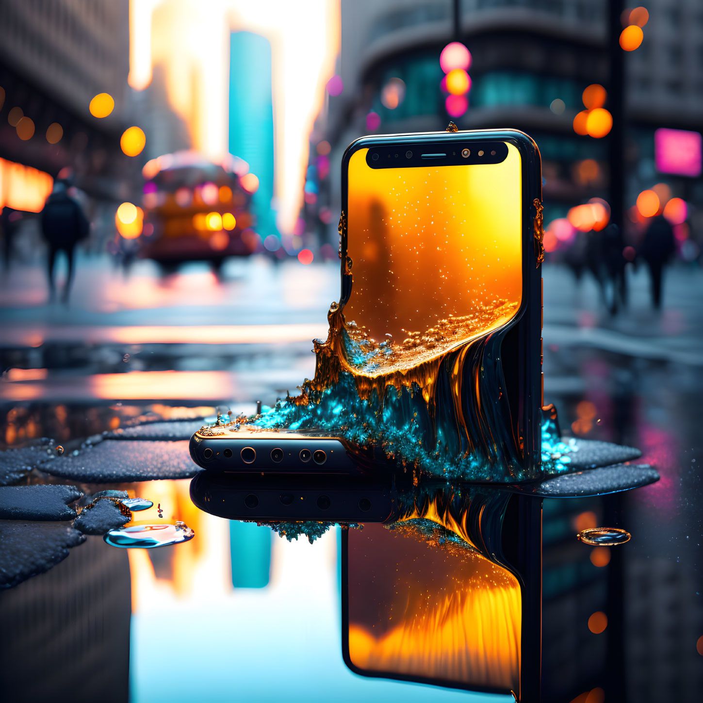 Vibrant orange screen melting on wet city street at twilight