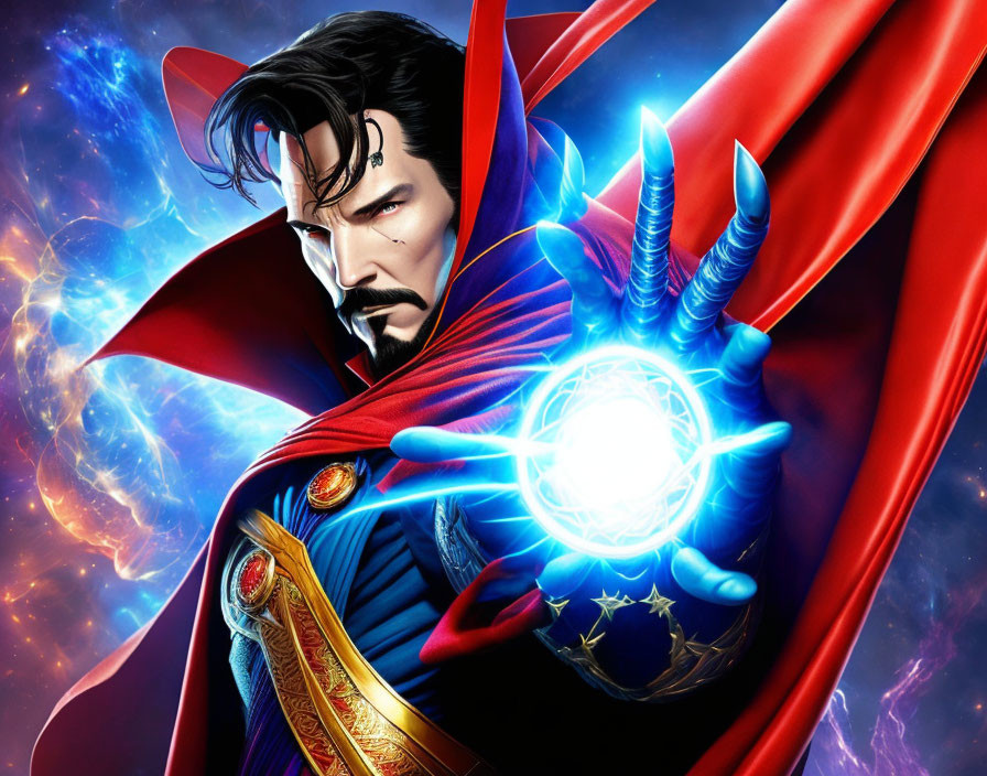 Superhero with goatee in red cape and blue outfit casting spell